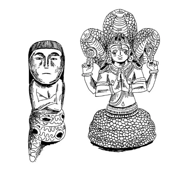 A Shipibo shaman’s pipe from the upper Amazon and a carving of yogic sage Patanjali, both depicted as half man, half serpent. The serpent is a symbol of creative life energy and transformation that is found in many cultures around the world. (Illustration by Debbie Stapleton.)