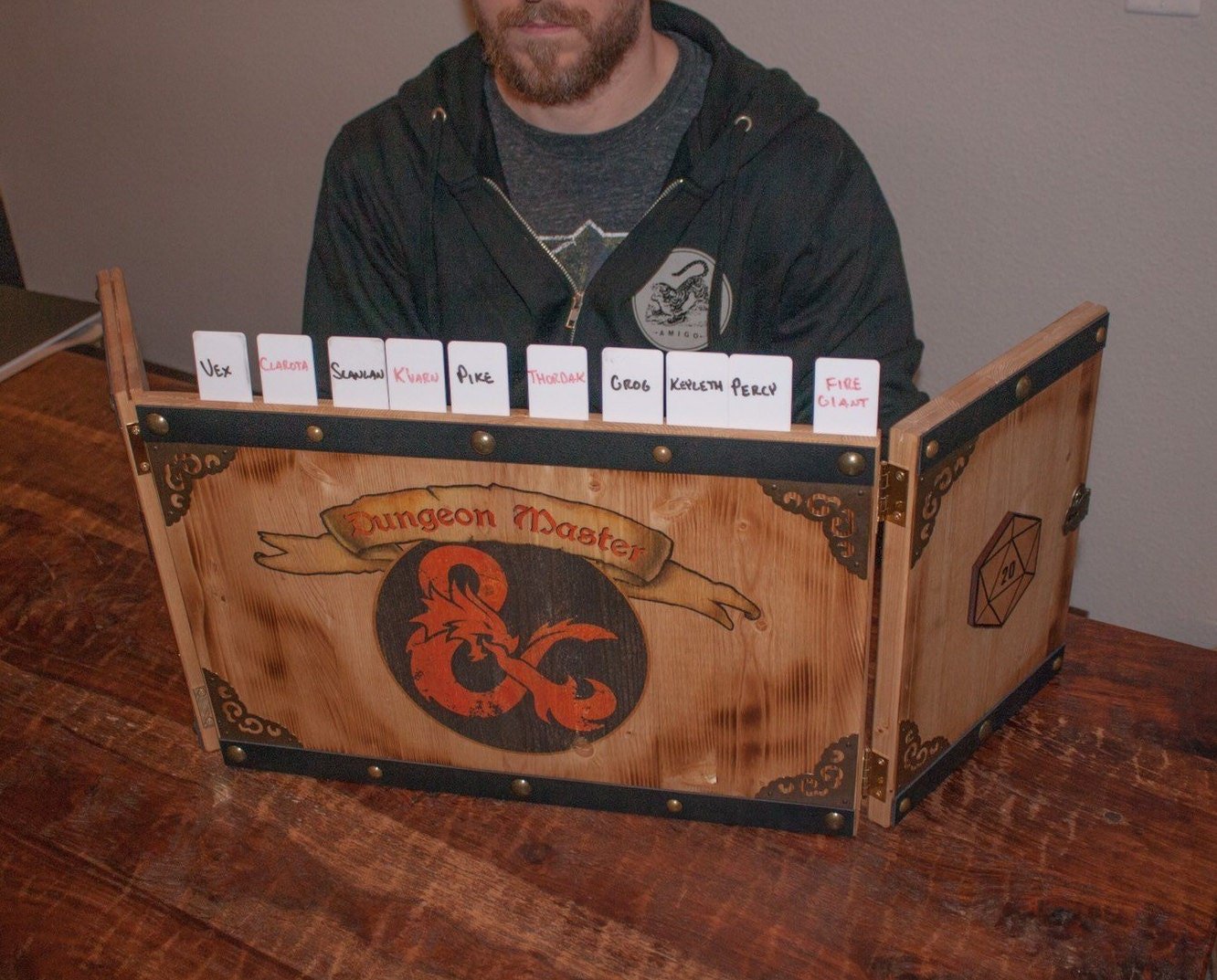 Laser Engraved Game Master Screen - Maple Wood Ouroboros Dragon D20 Design, Three Panel Magnetic DM Screen