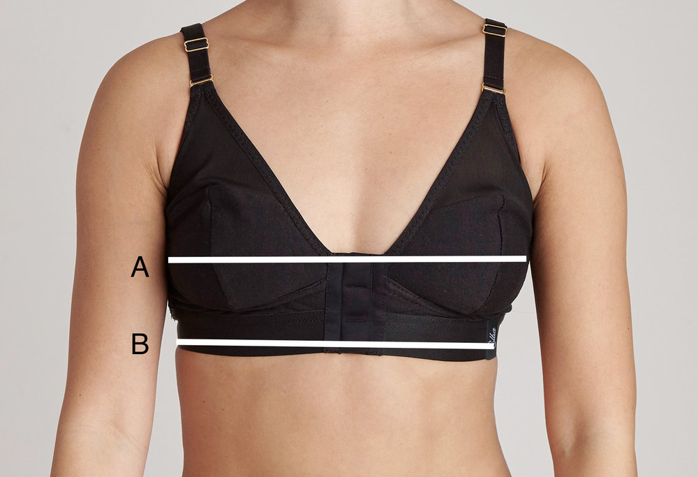 Without a bra, or wearing a non-padded bra and using a soft measuring tape LEVEL around the body, measure: A - Around and over the fullest part of your bust without indenting the breast tissue at all. Check in the mirror to make sure the tape is level all around your body. B - Around your underbust directly below where your breast tissue meets your torso. The tape measure should be snug close to your body but not uncomfortable.