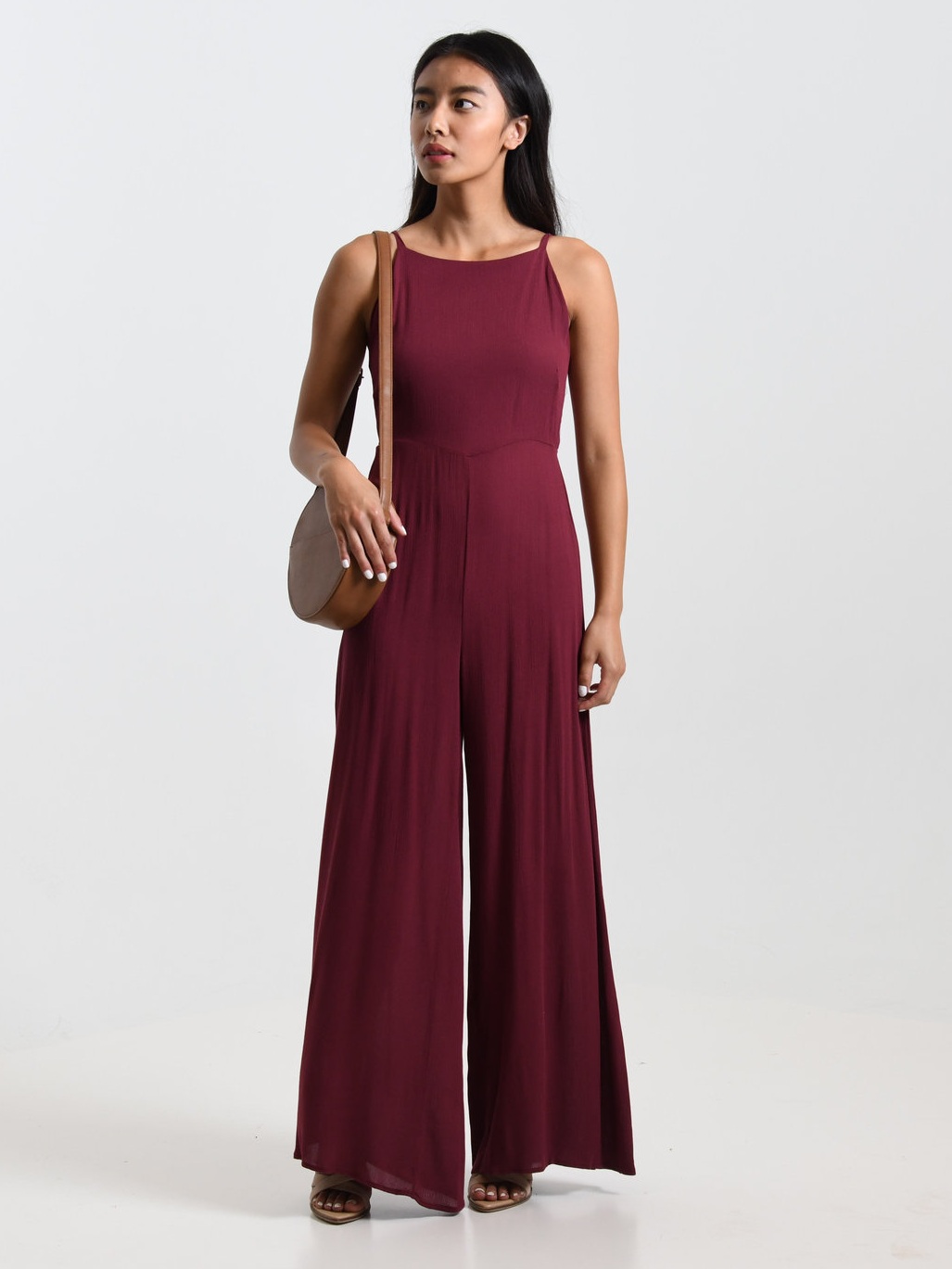 burgundy jump suit