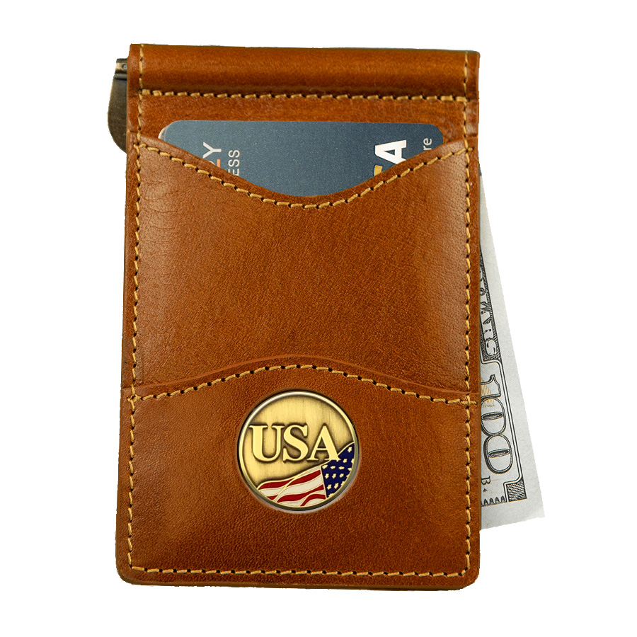 225MRFID Denver Medallion Money Clip, Saddle Tan Leather — Palm 