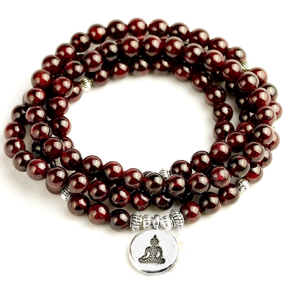 EvaDane Natural Garnet Gemstone Tibetan Bead Triskele Charm Stretch Bracelet 