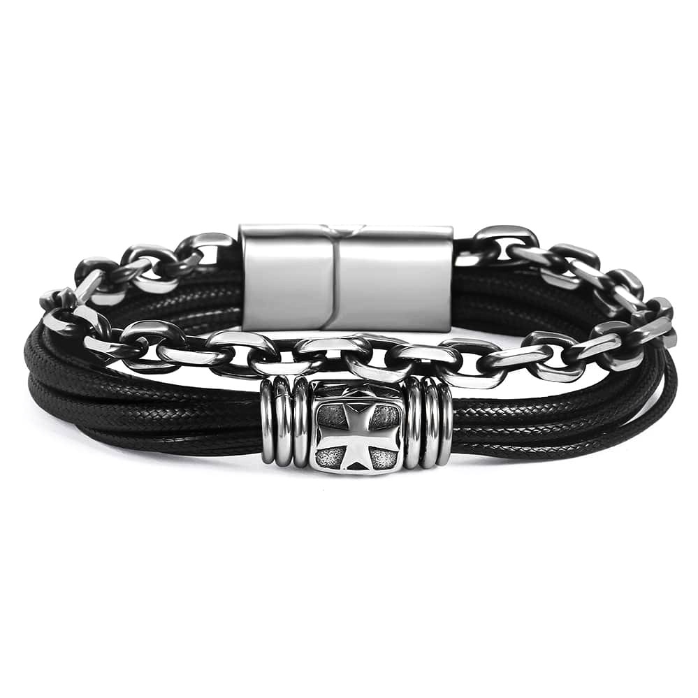 Men's Leather Cross Braided Bracelet Bangle Wristband Cuff Steel Clasp mn