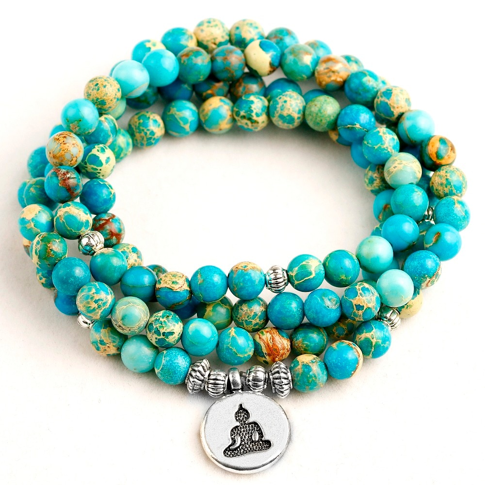 Blue Lagoon Wrist Mala Bracelet with Ocean Jasper Beads — Peaceful Island Blue Lagoon Wrist Mala Bracelet with Ocean Jasper Beads — Peaceful Island