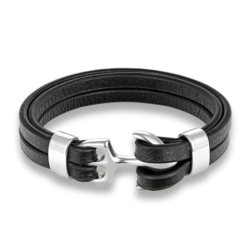 MEN’S BRACELET WOMEN STAINLESS STEEL JEWELRY LEATHER WRIST BAND ANCHOR STYLE