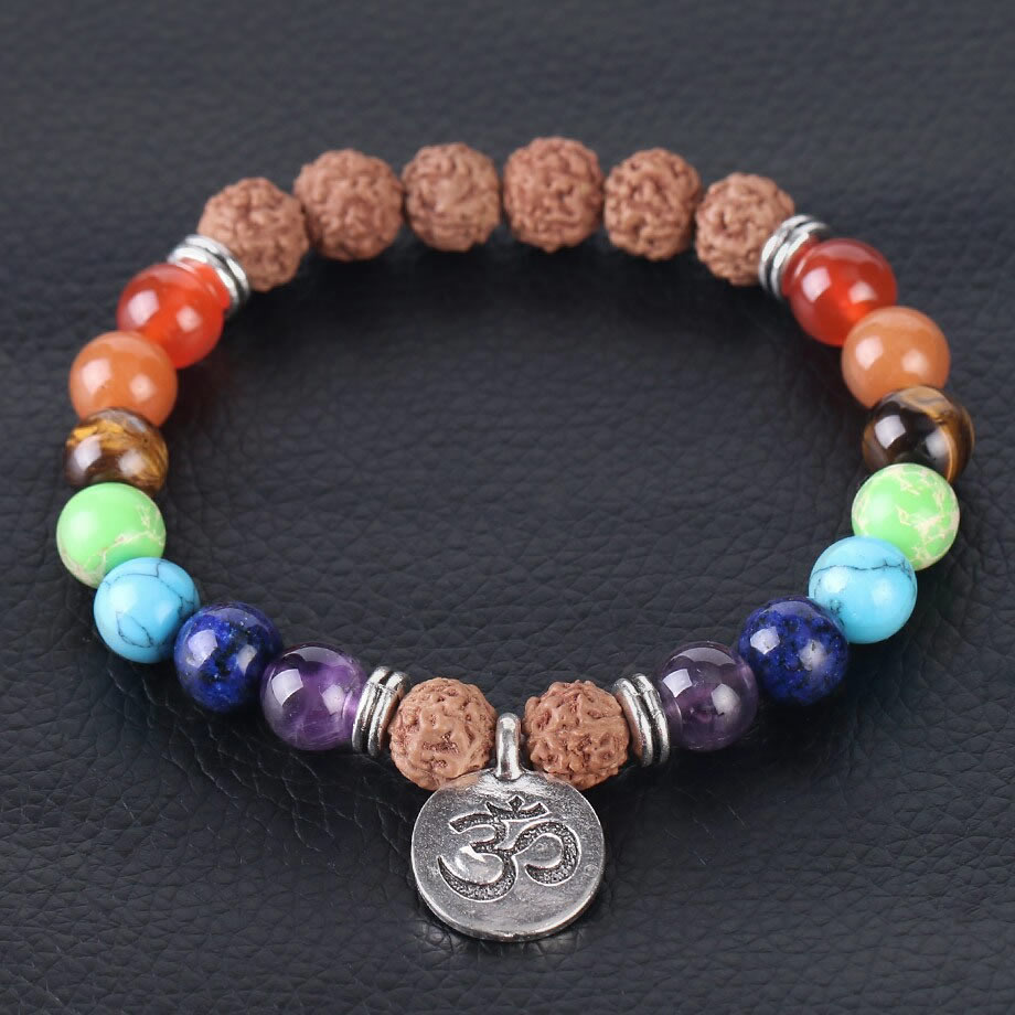 Brown Leather Gemstone Chakra Stone and Om Symbol Bracelet