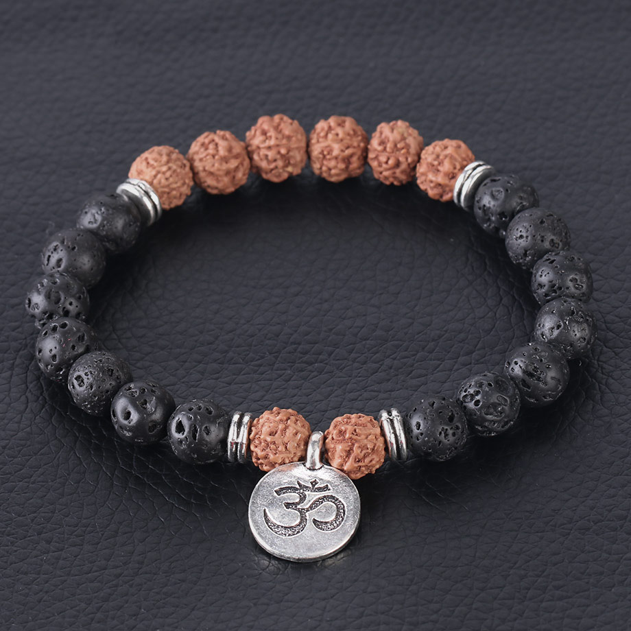 Brown Leather Gemstone Chakra Stone and Om Symbol Bracelet