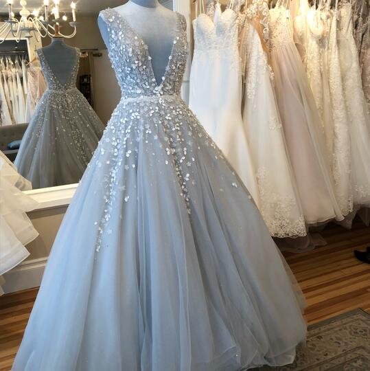 vigocouture Light Blue Lace Applique Wedding Dresses with Slit Plunging V-Neck Bridal Gown W0095 Custom Colors / 26W