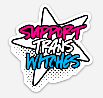 sticker of a star with the words 支持跨女巫 in trans flag colors
