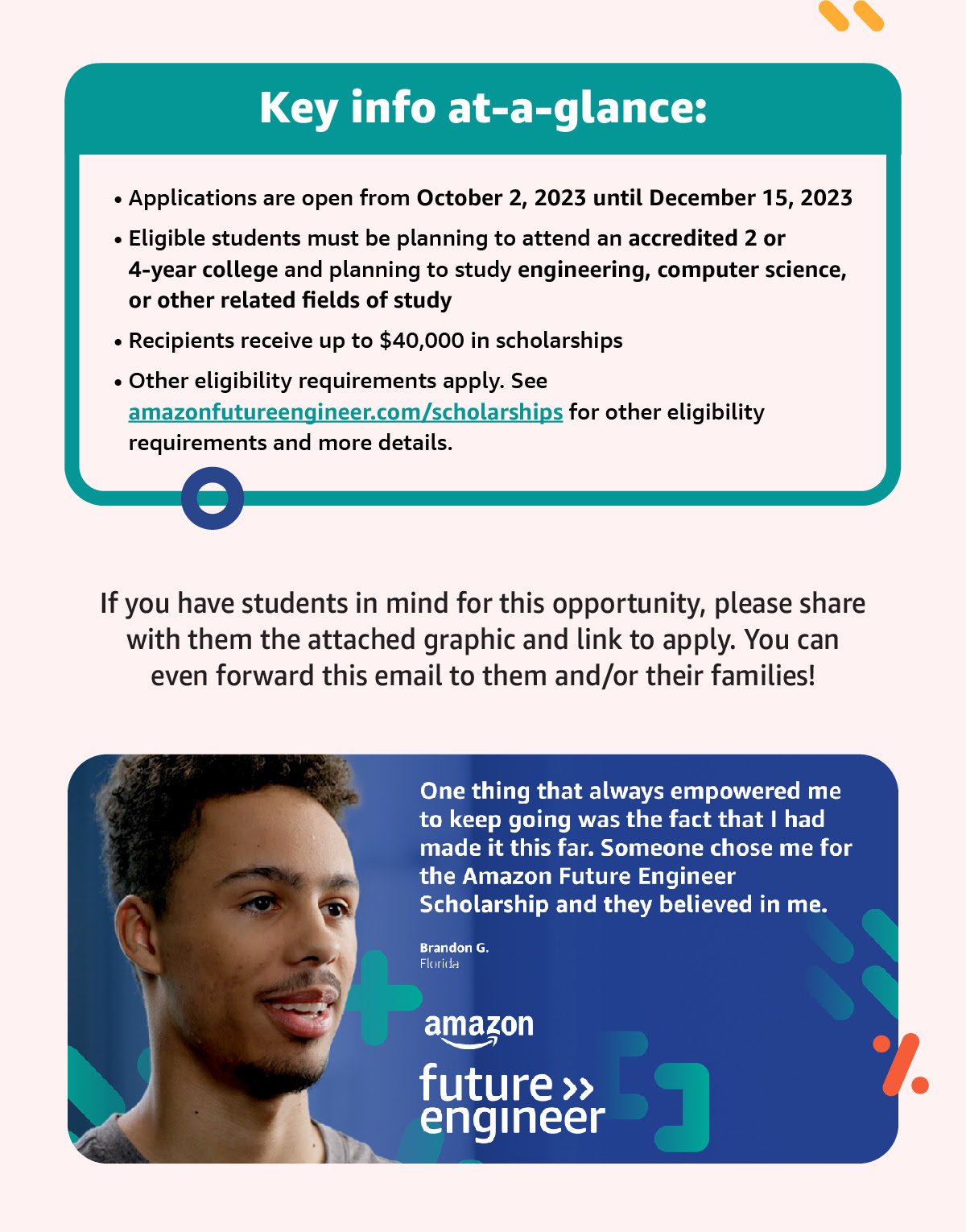 key info at a glance. Apps open from oct 2-dec 15, 2023. must plan to attend an accredited 2 or 4 year college, up to 40k in scholarships. See link for details