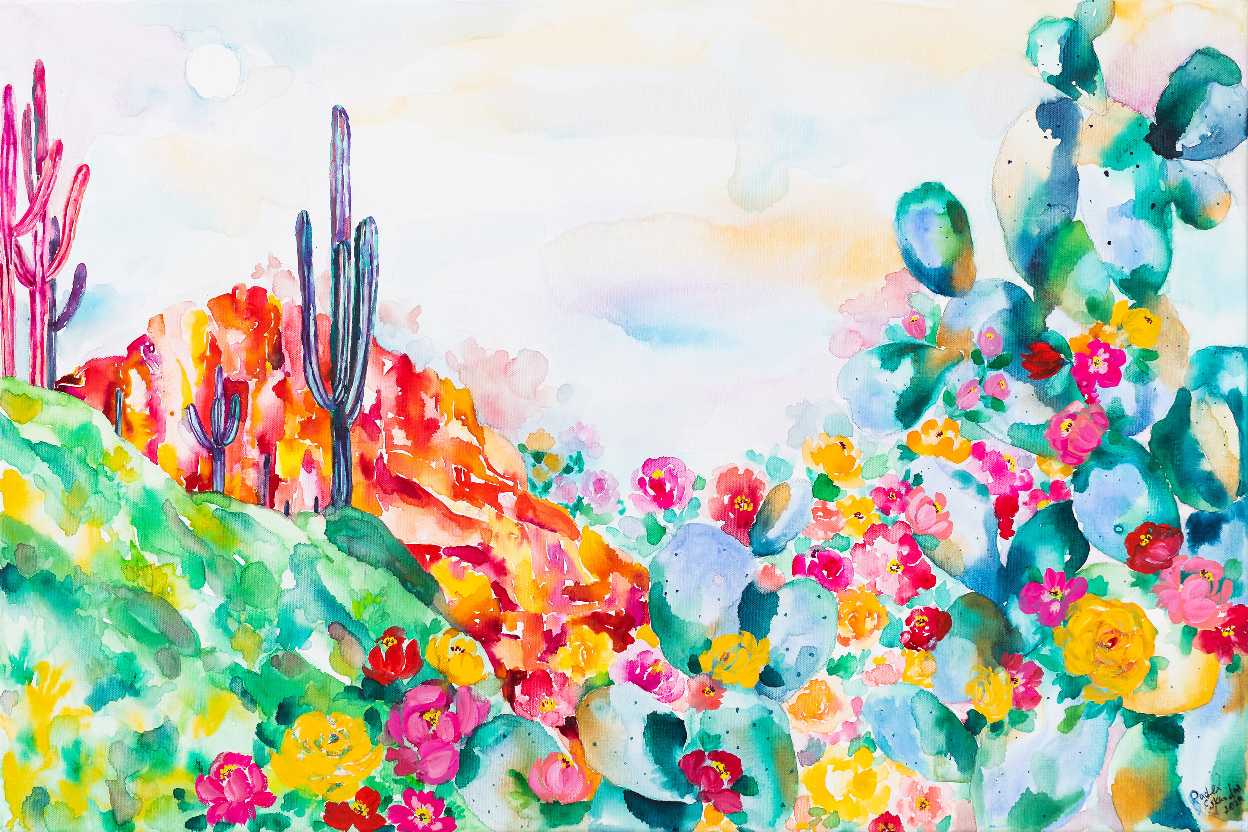 Watercolor Cactus Painting Series - Simple Cactus Landscape With Brusho  Crystals