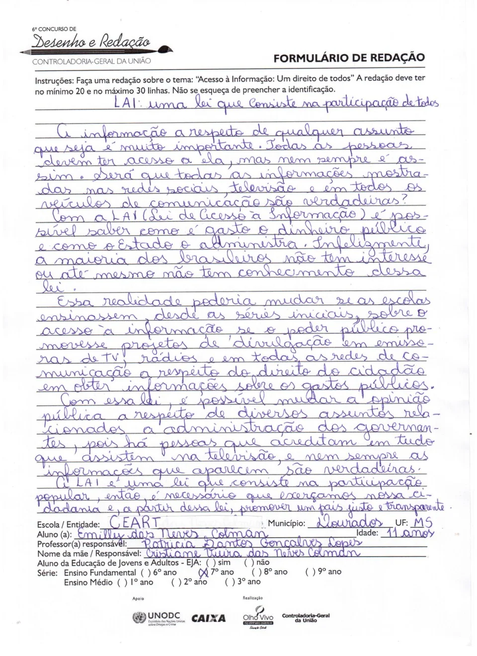 Aluna Maria Luiza 6ºA- Ganhou em 2º lugar redação concurso CGU- Nível Brasil
