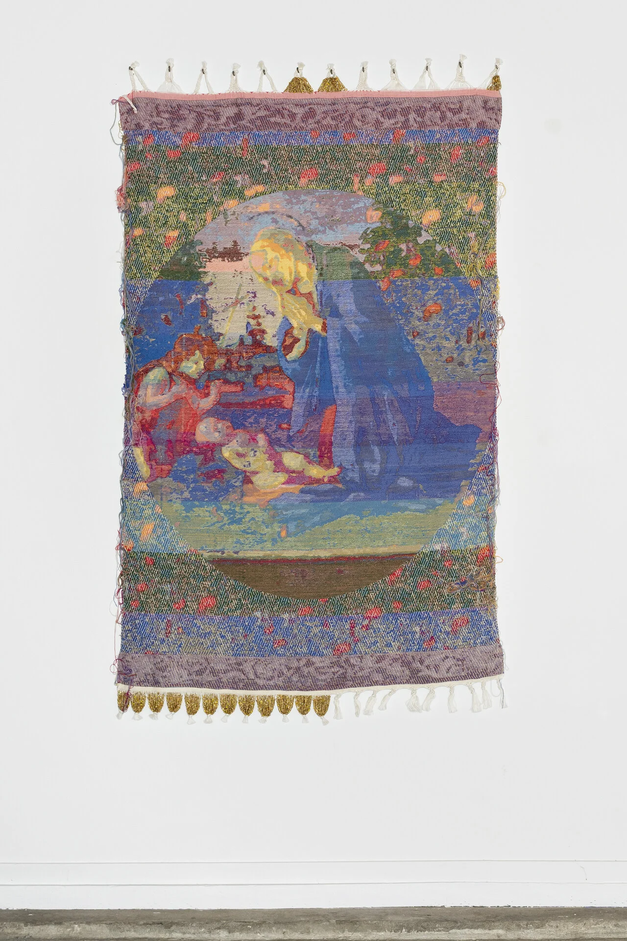 Madonna adorante il bambino con il bambino San Giovanni (dopo Sandro Botticelli), 2018, cotton, wool, glass beads, 78”x 42” Ritual of Succession, 2020 