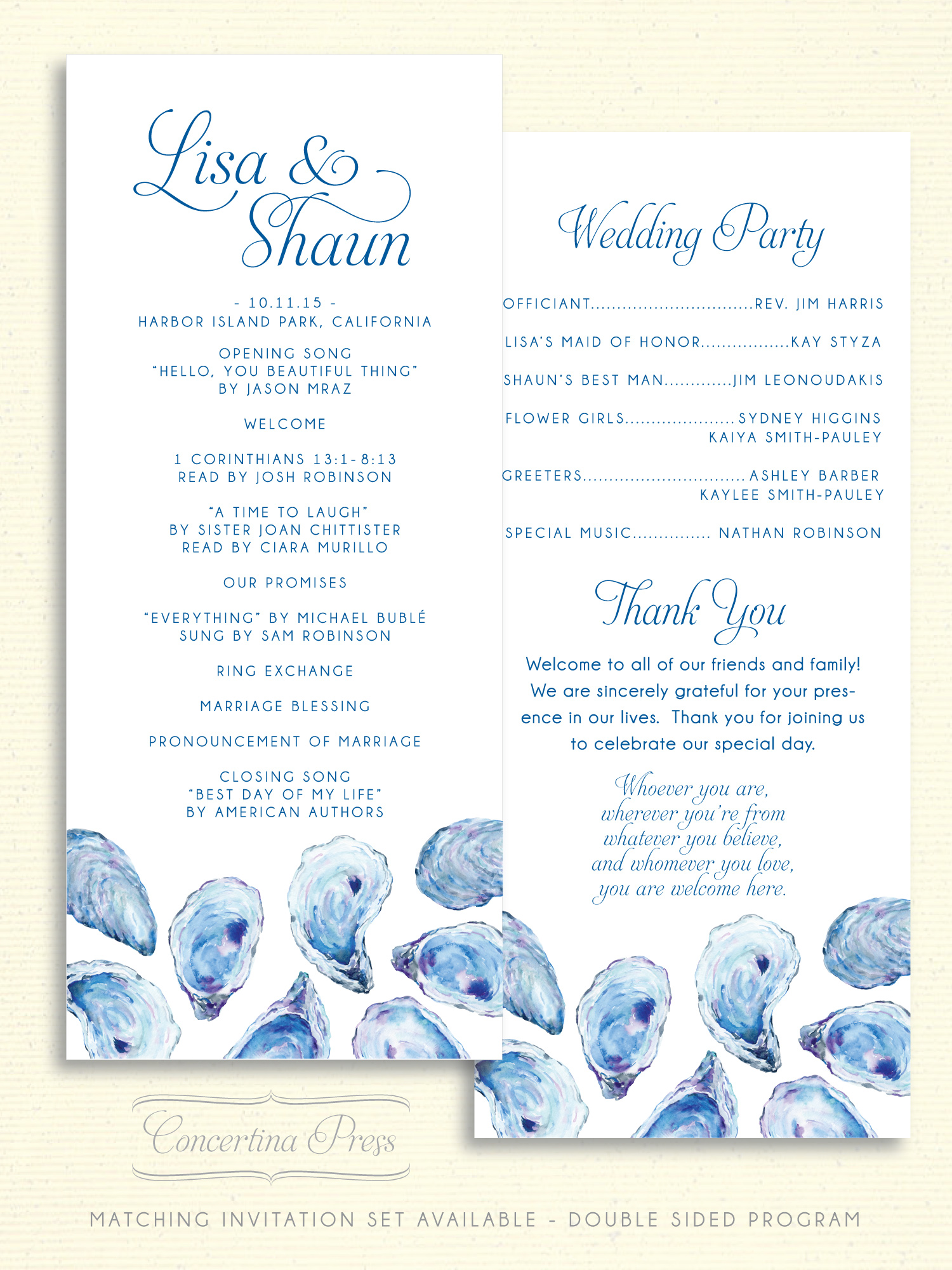 Oyster Wedding Day Stationery Concertina Press Nautical