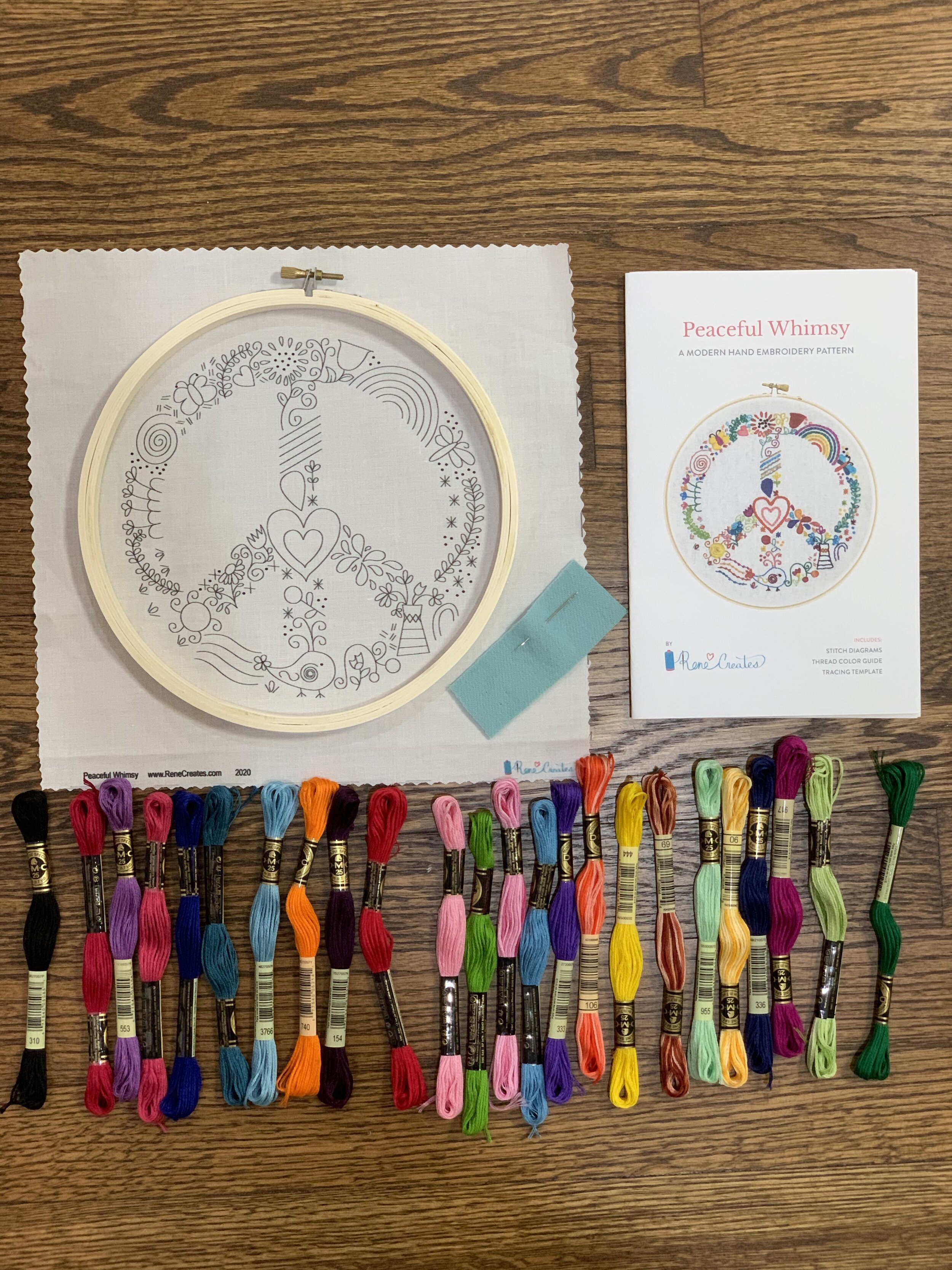 Preprinted Fabric thread hoop needle Peaceful Whimsy Modern Hand Embroidery Kit peace sign Embroidery Kit Complete kit includes Pattern