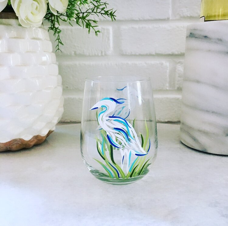Blue Stemless Wine Glass - Heron – Nancy Hammond Editions