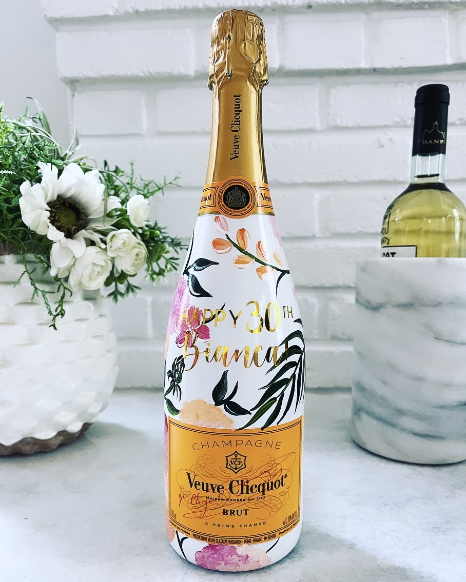 Pink Hydrangea - Hand painted Bottle of Champagne — Wine by Design