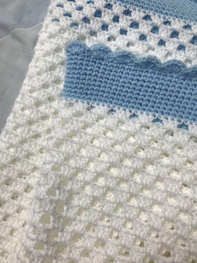 blue and white granny square blanket