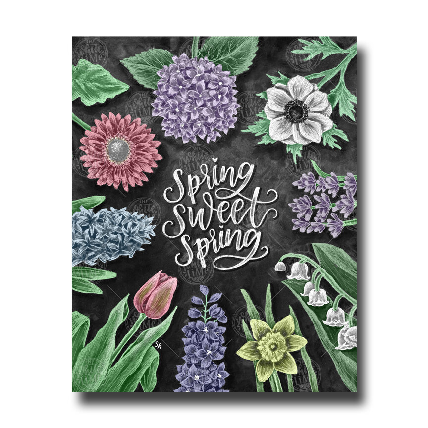Spring Sweet Spring Chalk Art Print, Spring Chalkboard Art, Floral Print, — White Lime
