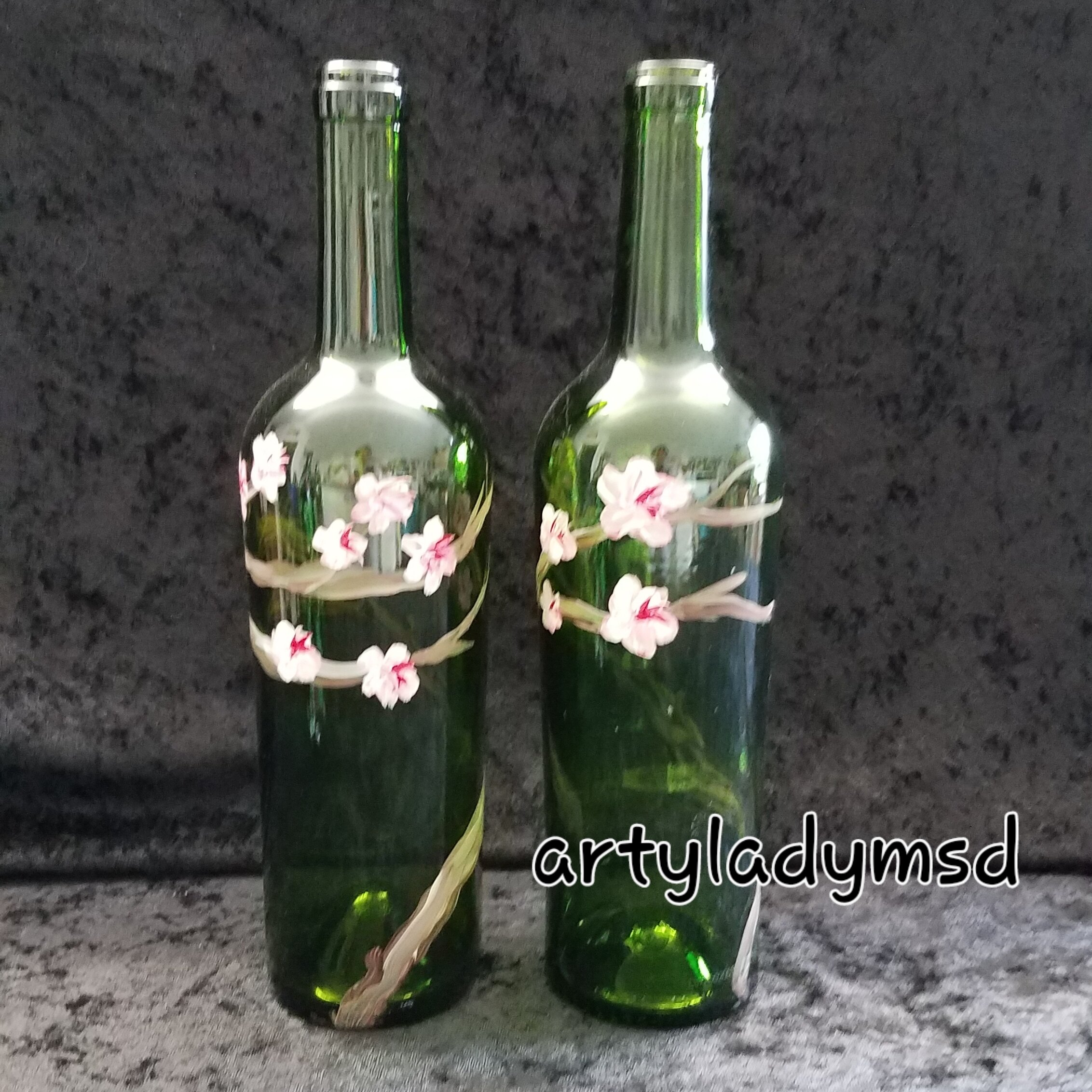 Cherry Blossom handpainted wine bottle set of two — ArtyLadyMsD