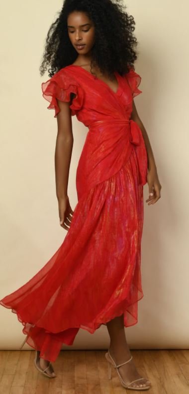 Ruffle Sleeve HI-Low Red Shimmer Chiffon Wrap Dress — Cajoli Boutique