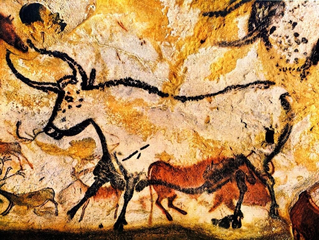来自法国Lascaux Cave的“公牛大厅”的图 - 由我们古老的祖先C绘制。 15,000 bce.