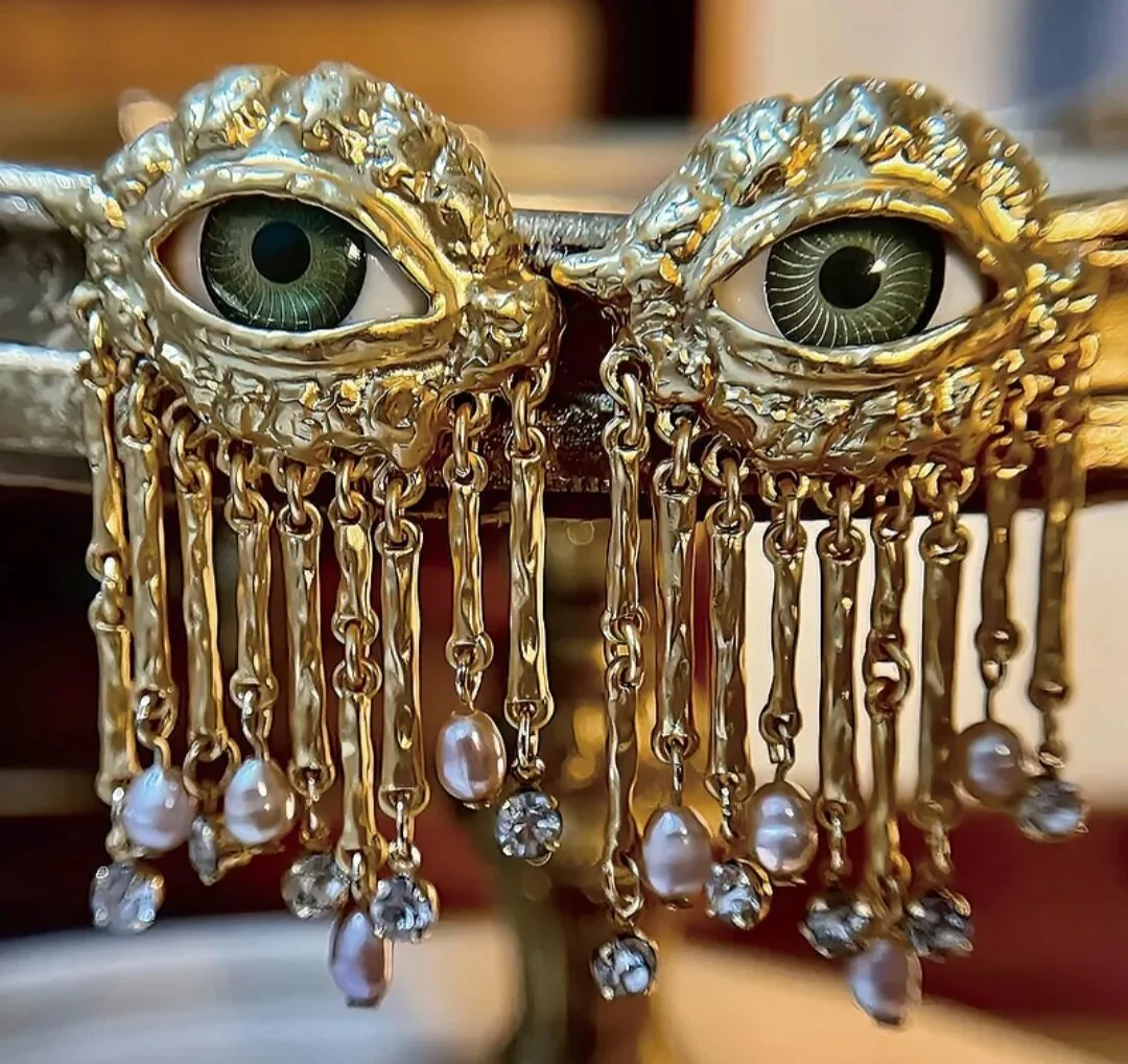 Gold pearl and rhinestone all seeing eye drop dangle earrings