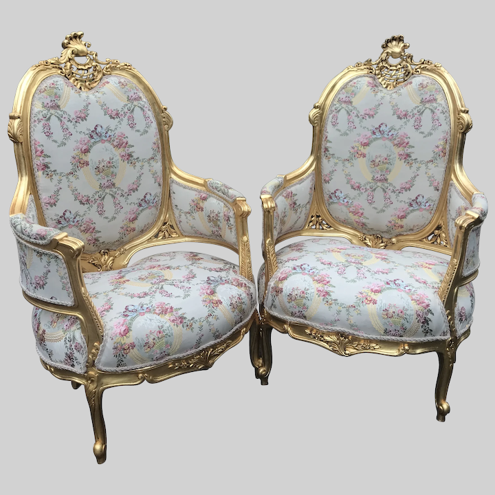 Pair of Antique 19th Century Gold Leaf Louis XV Style Bergere Chairs