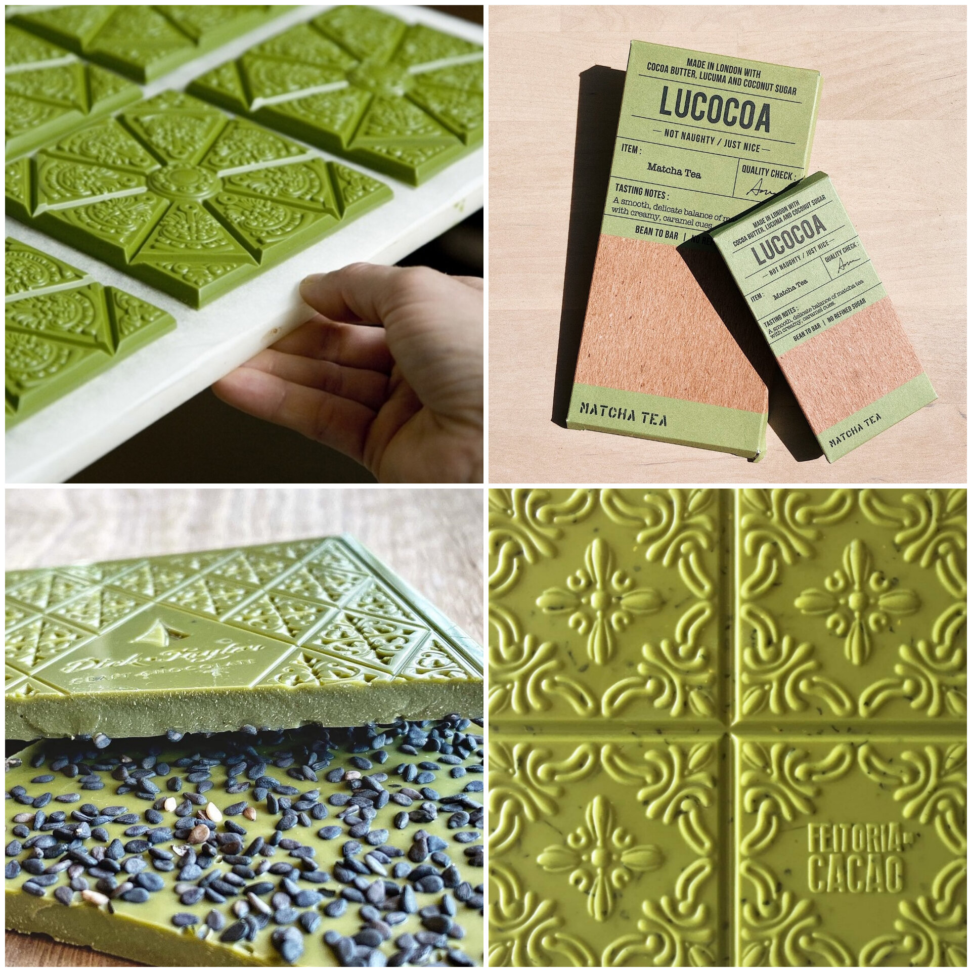 左上角:Matcha Tea byRózsavölgyiCsokoládé(匈牙利)右上角:Matcha White Chocolate by Lucocoa(英国)左下左:Matcha Sesame by Dick Taylor Craft巧克力(美国)右下角:白巧克力42%+匹配&托克茹Sencha由艾托西亚做CACCAO(葡萄牙)
