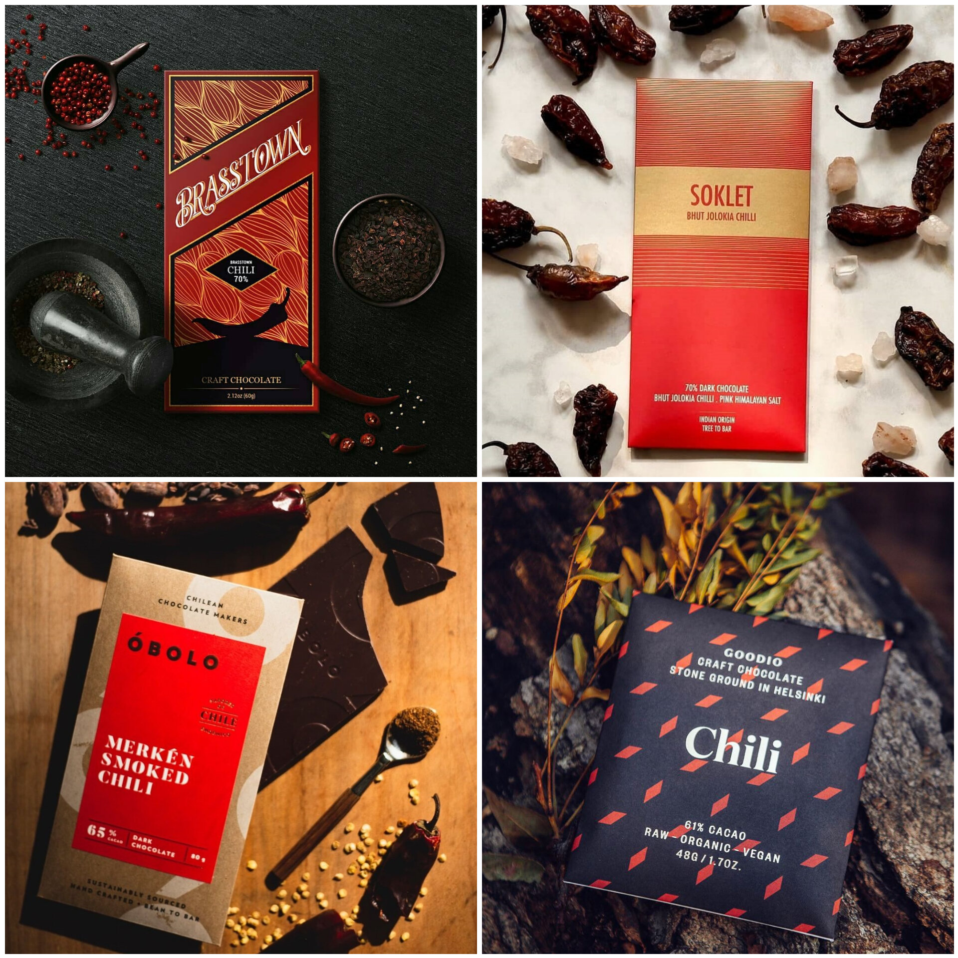 左上左:70%辣椒由布拉斯斯敦(美国)右上角:Bhut Jolokia Chili by Soklet(印度)左下角:Merken Sppled Chili by Obolo Chocolate(智利)右下角:辣椒底右:Chili by Goodio(芬兰)