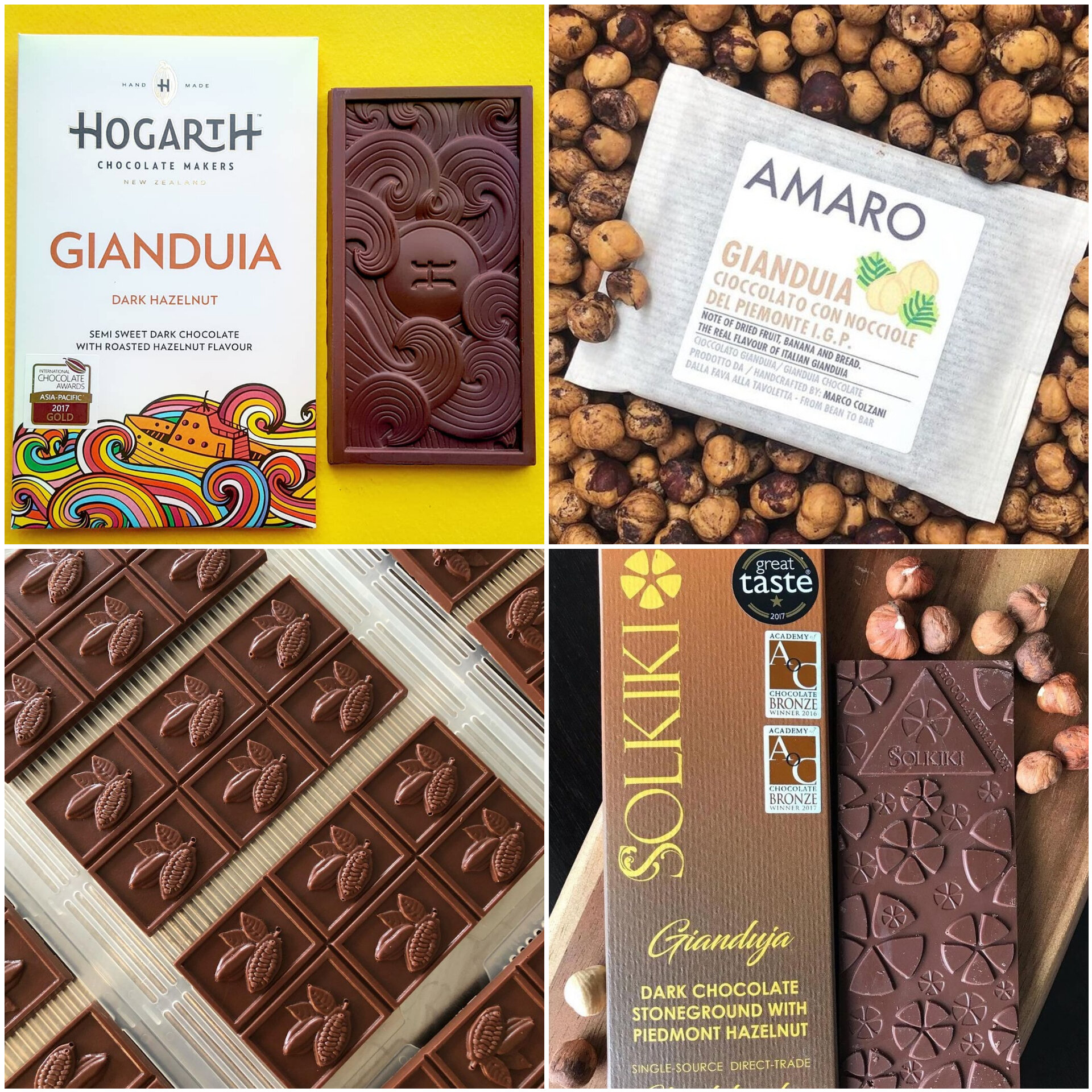左上角:Gianduia by Hogarth Chocolate(新西兰)右上角:Gianduia由Amaro Cioccolato(意大利)左下角:Buttermilk Gianduja由芬尼娅巧克力(加拿大)右下:索尔基奇(英国)的Gianduja(英国)。照片通过打开巧克力
