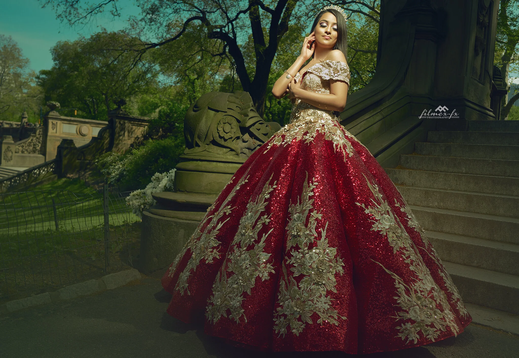 Burgundy and Gold Ball Gown — ALONSO MÁXIMO