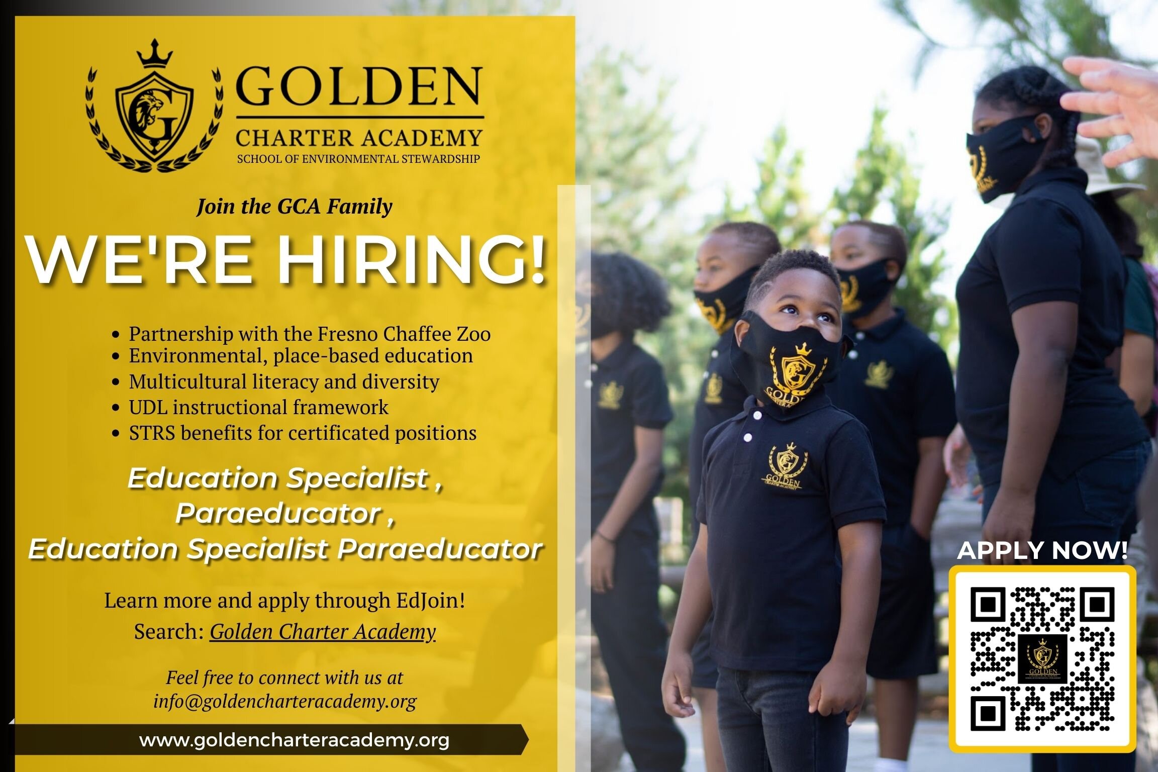 Scan the QR Code or click the button below to see new job listings available at Golden Charter Academy.