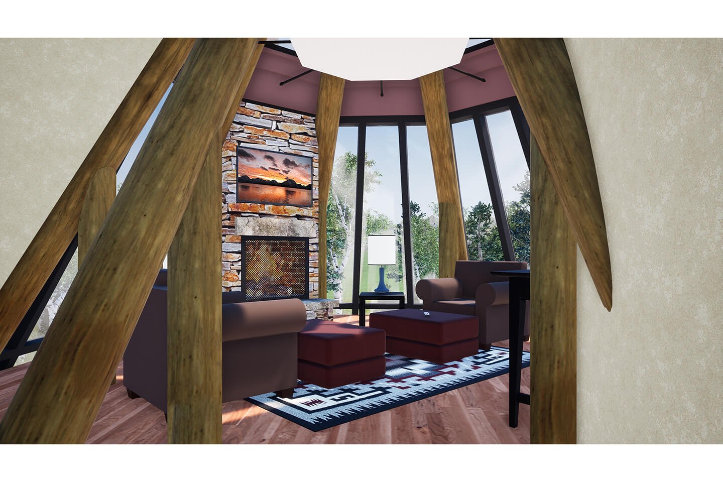 3D rendering of living room in glass teepee