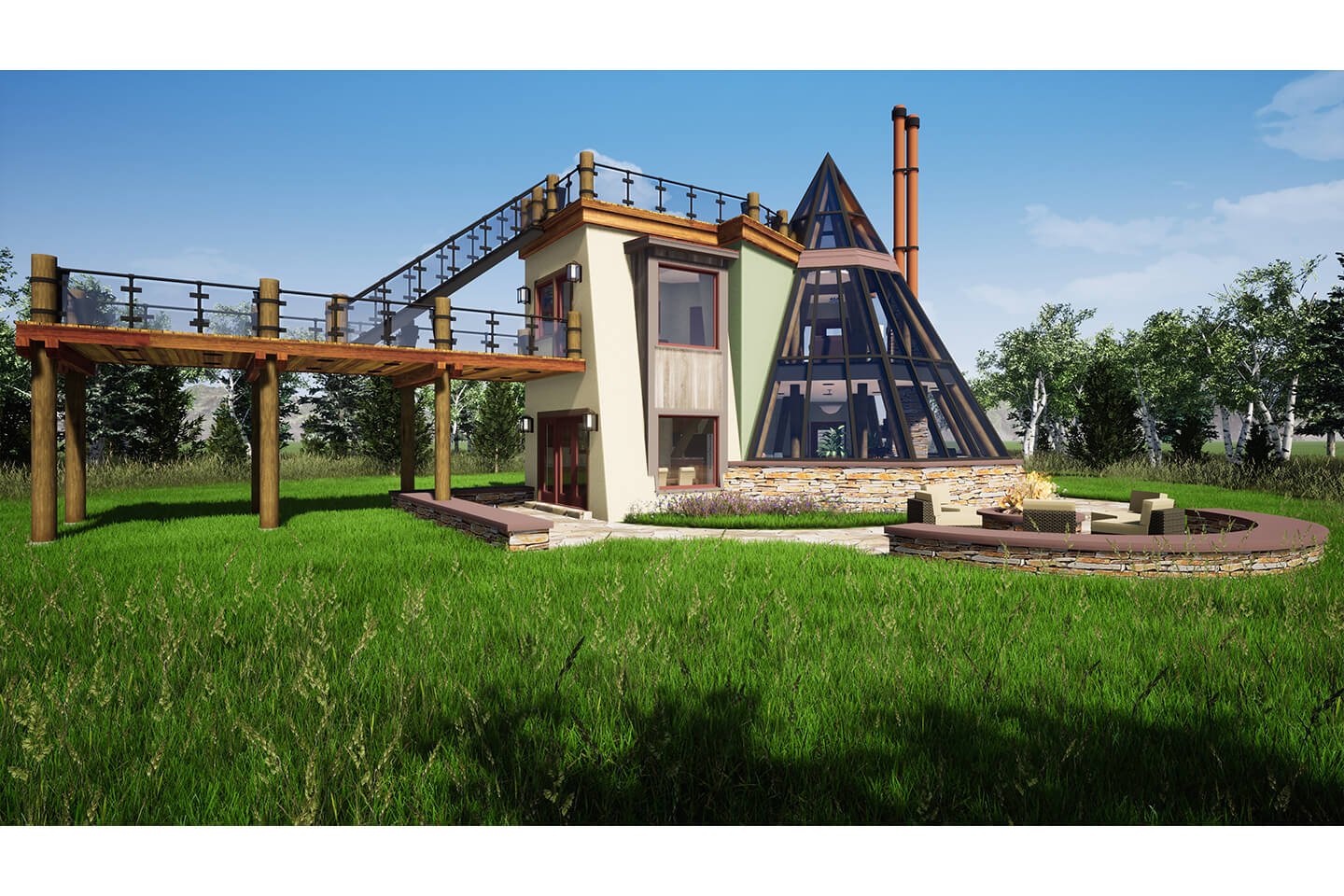 Glass teepee concept viewed from grass field