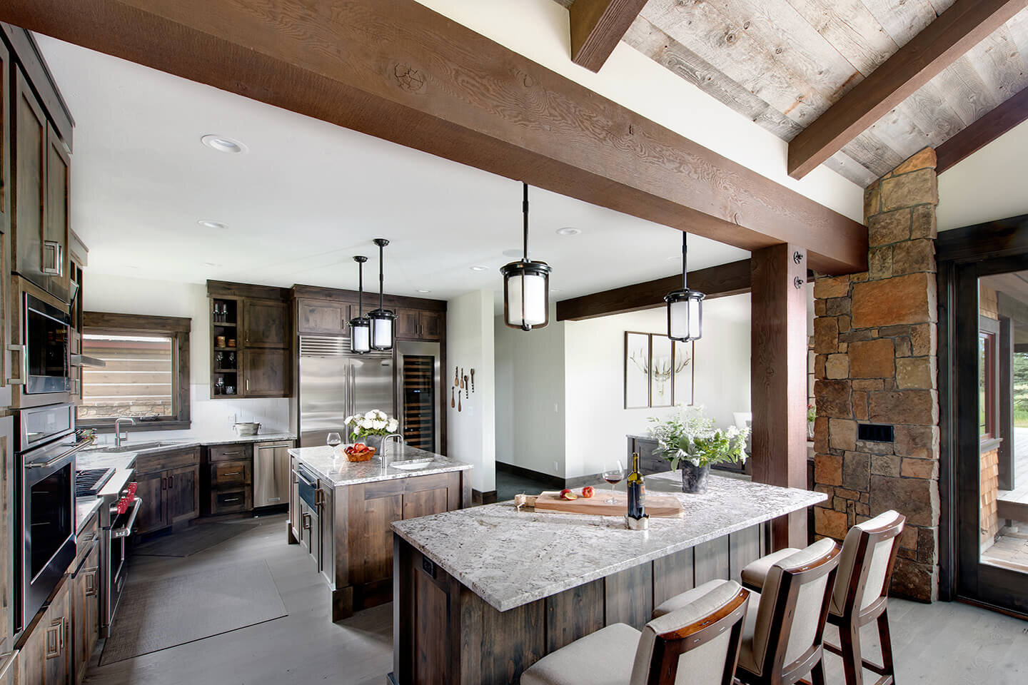 Kitchen with dark stained Douglas fir beams