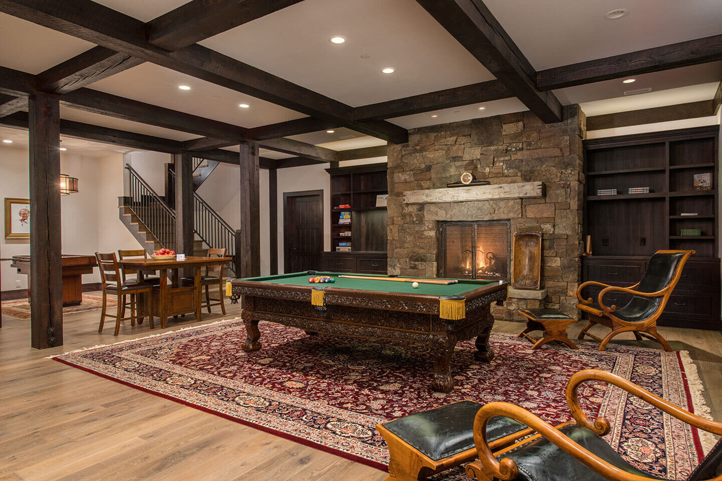 Family and game room with pool table and fire place