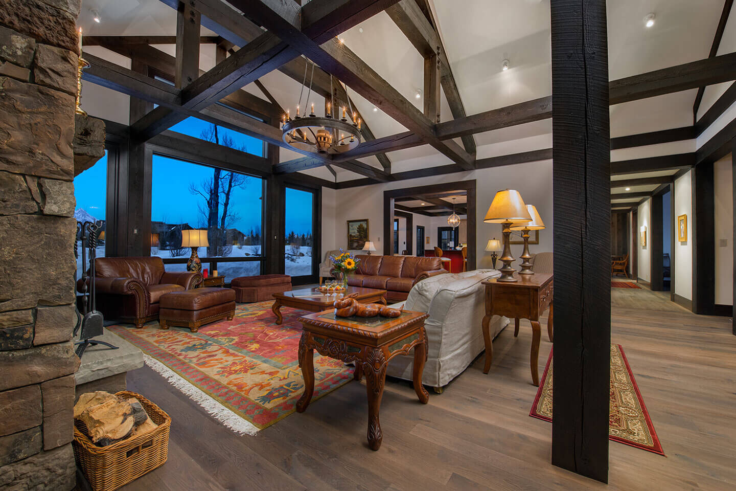 Living room with stained Douglas fir columns and beams