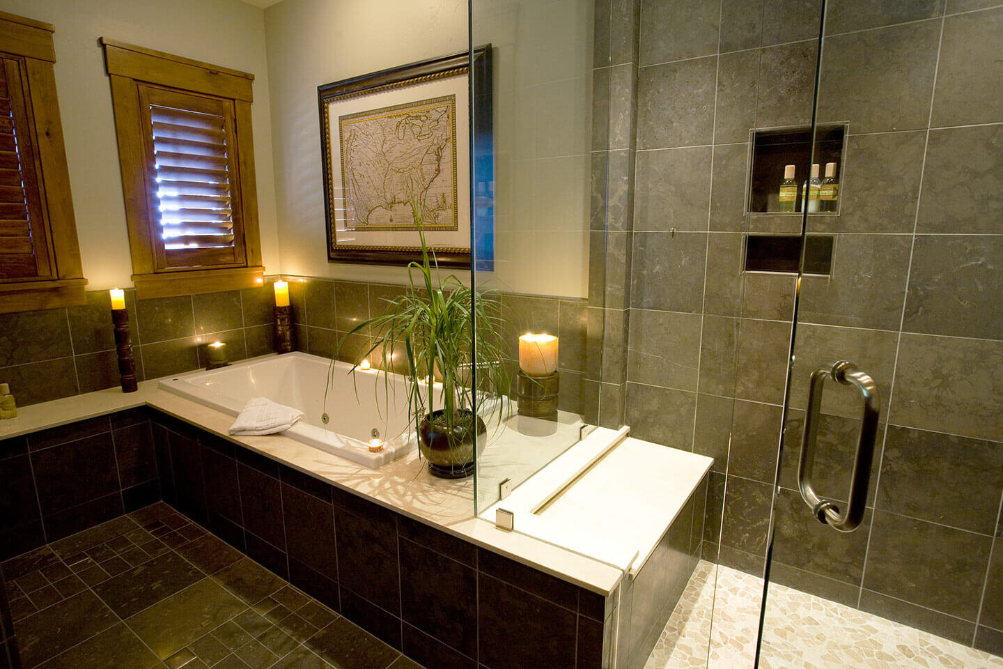 Master bath with glass door and tub