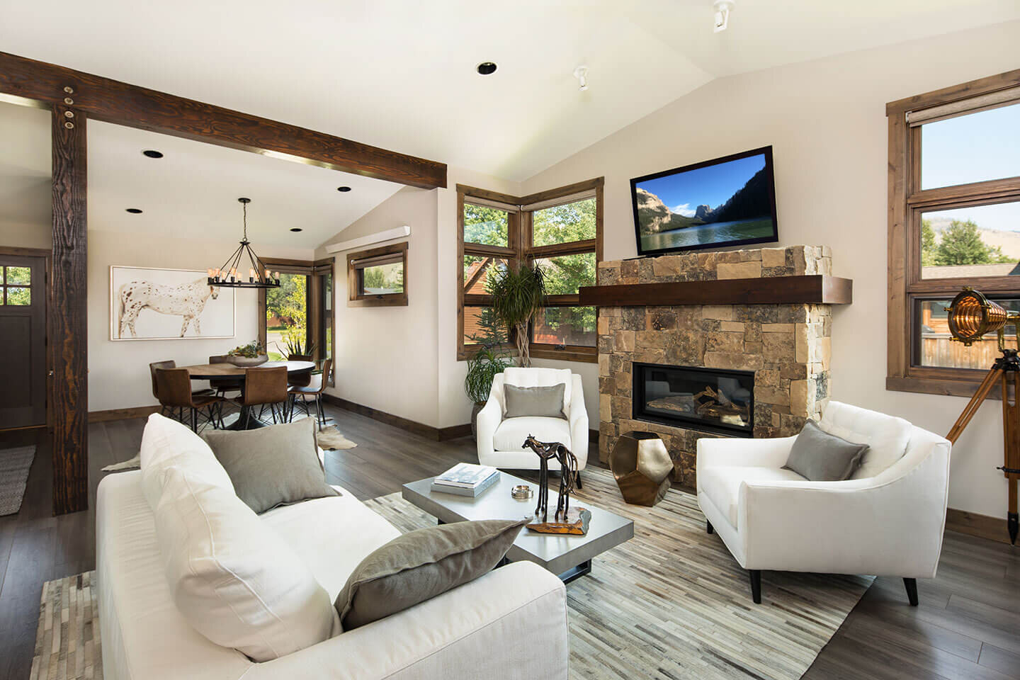 Modern living room with wooden beam 