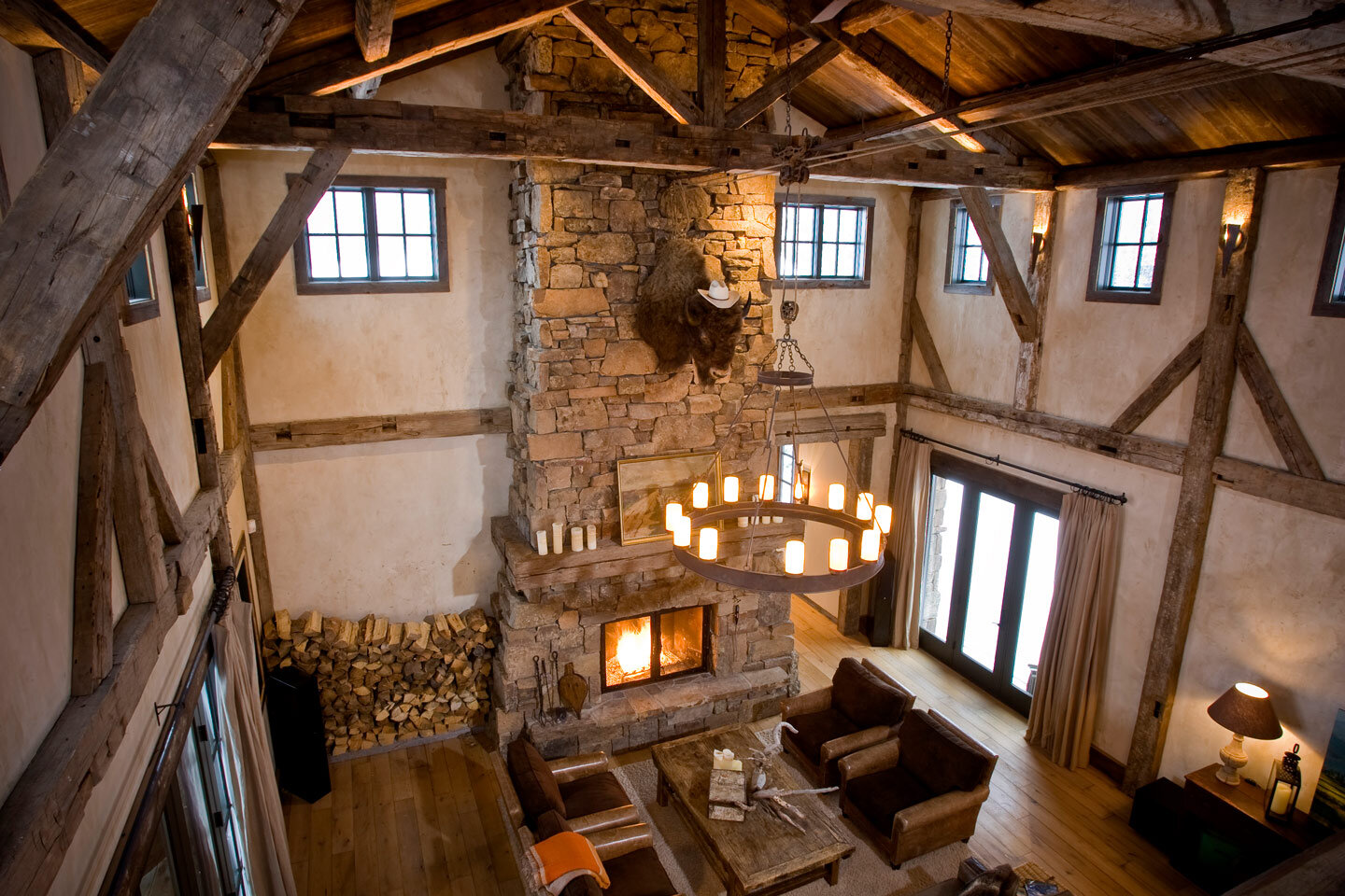 Bird's eye view of living room with large fireplace