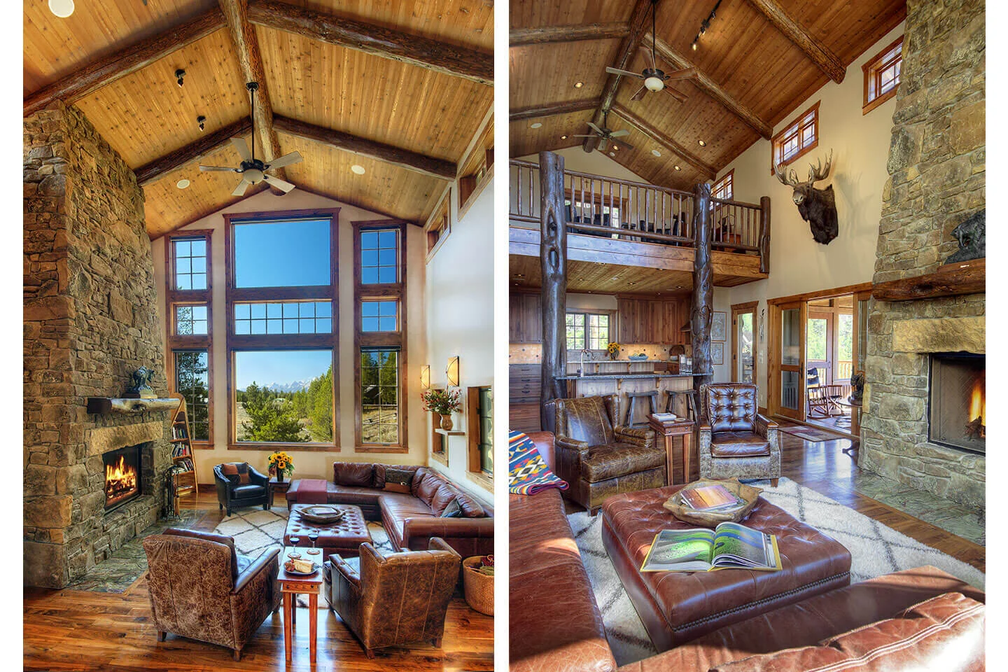 Living room with vaulted ceiling and native stone wall