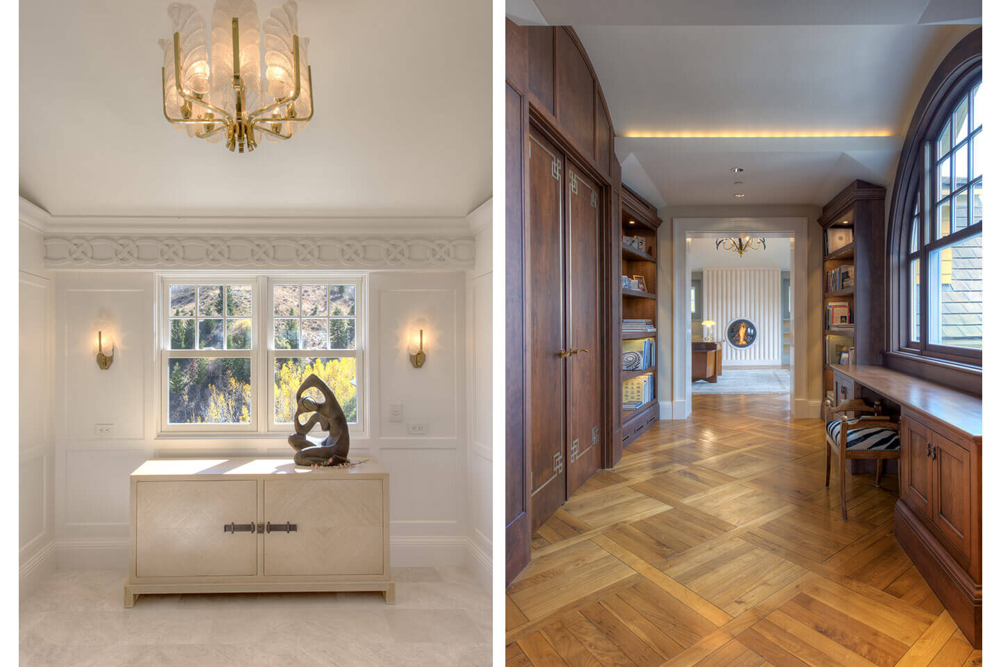 Entryway with plaster mouldings and library with custom-designed wood floor