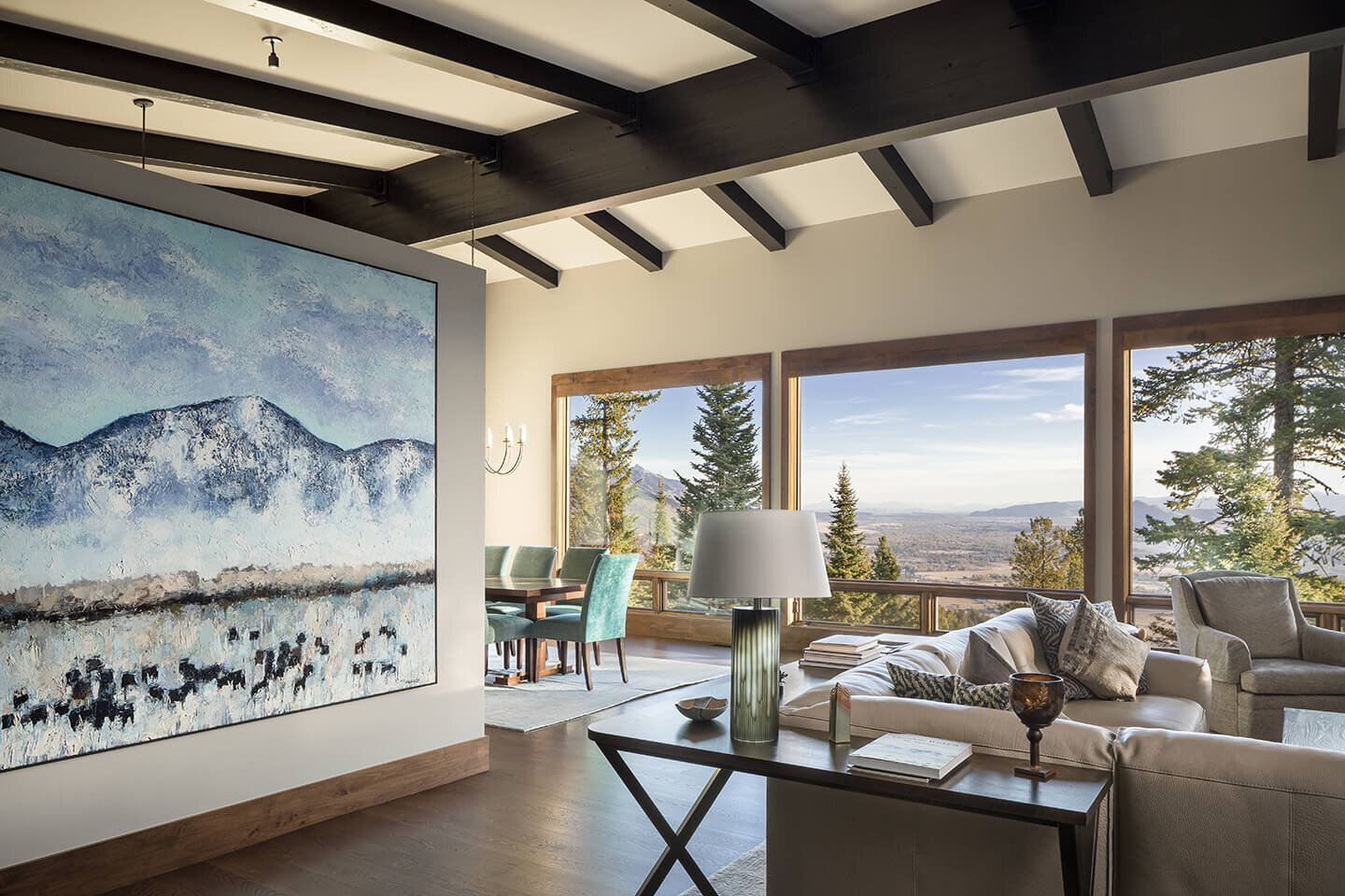 Living room with architectural dark beams