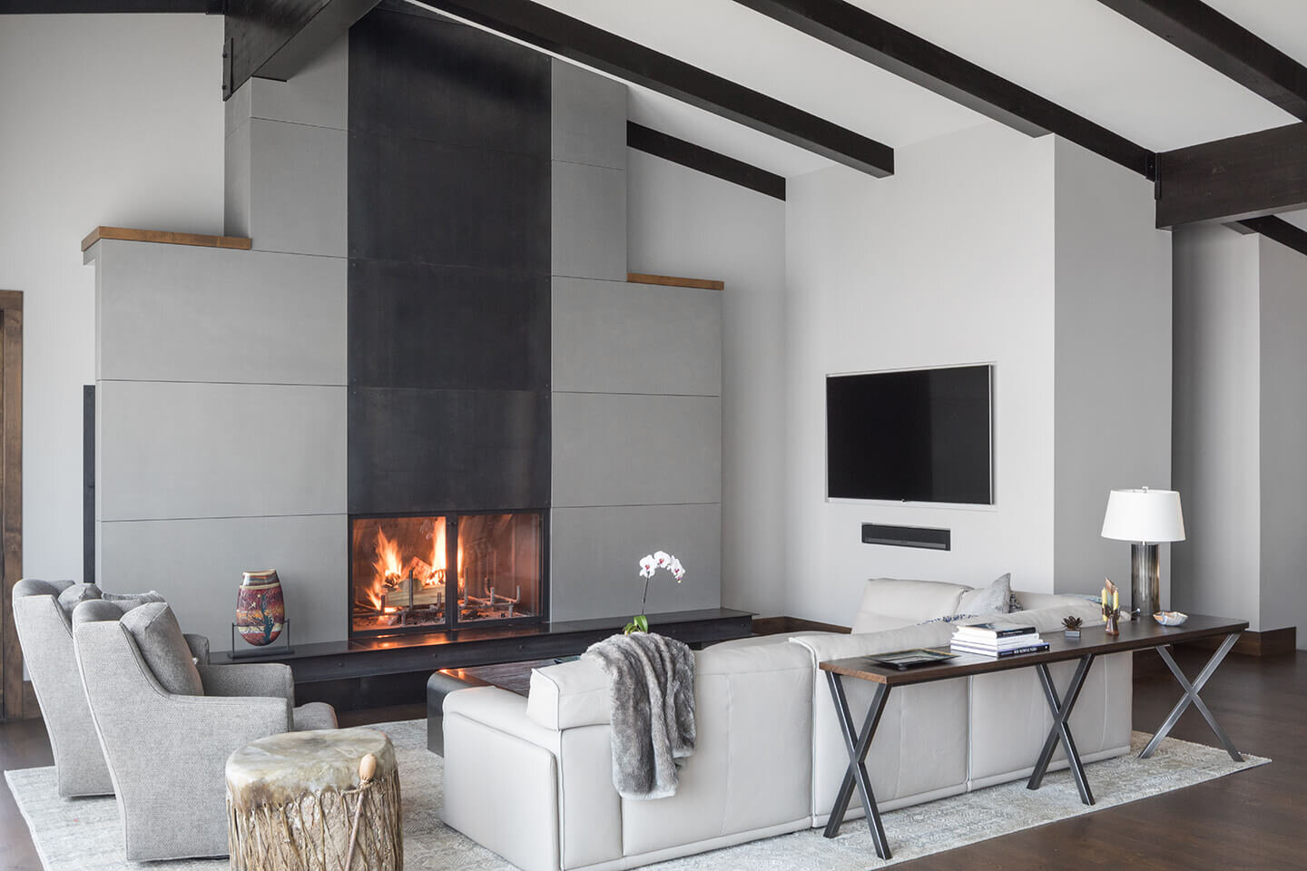 Living room with clean aesthetics and fireplace