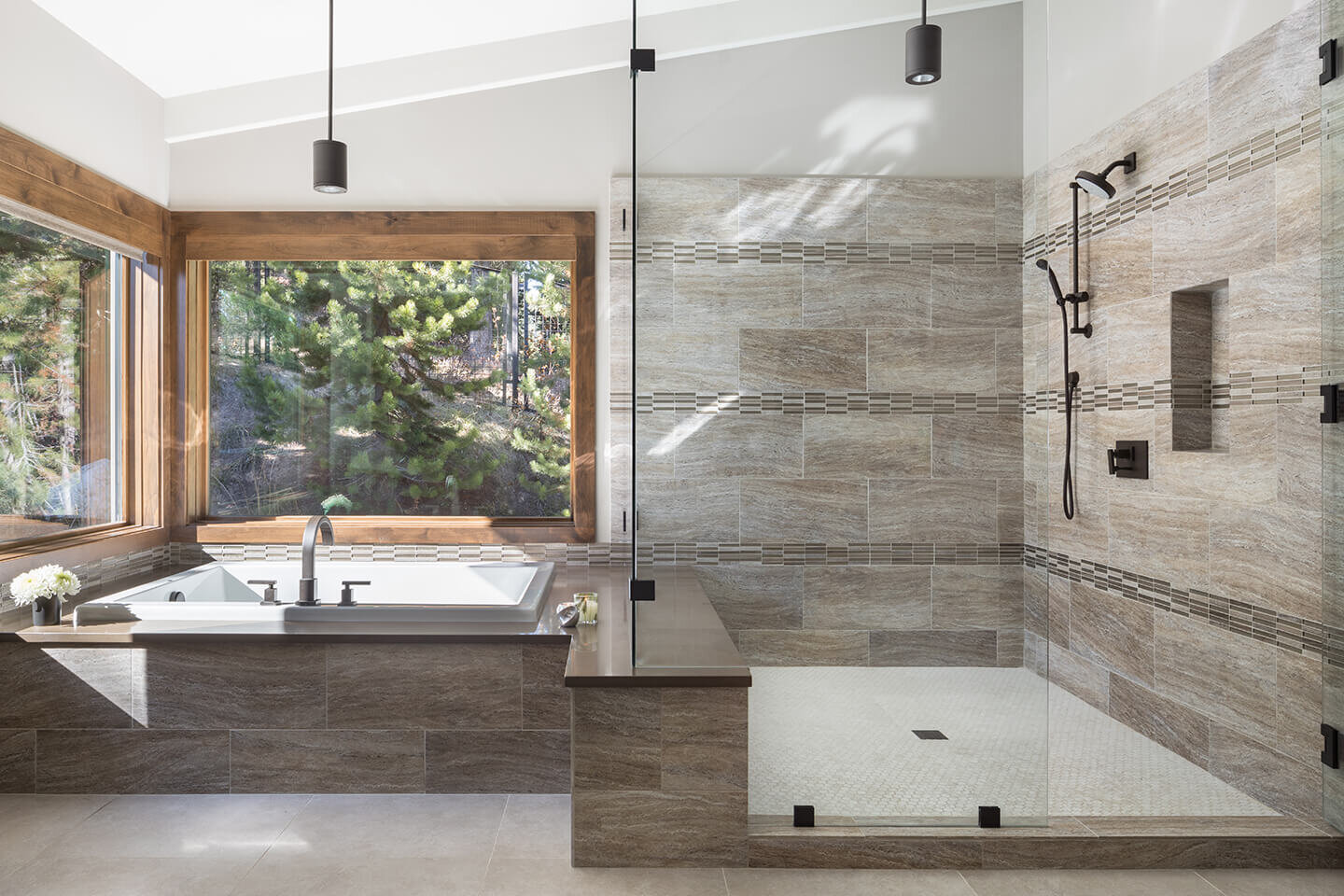 Master bath with corner windows and glass door