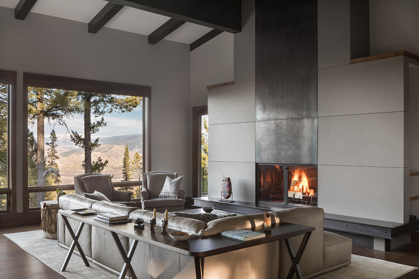 Living room with minimalist fireplace and decor