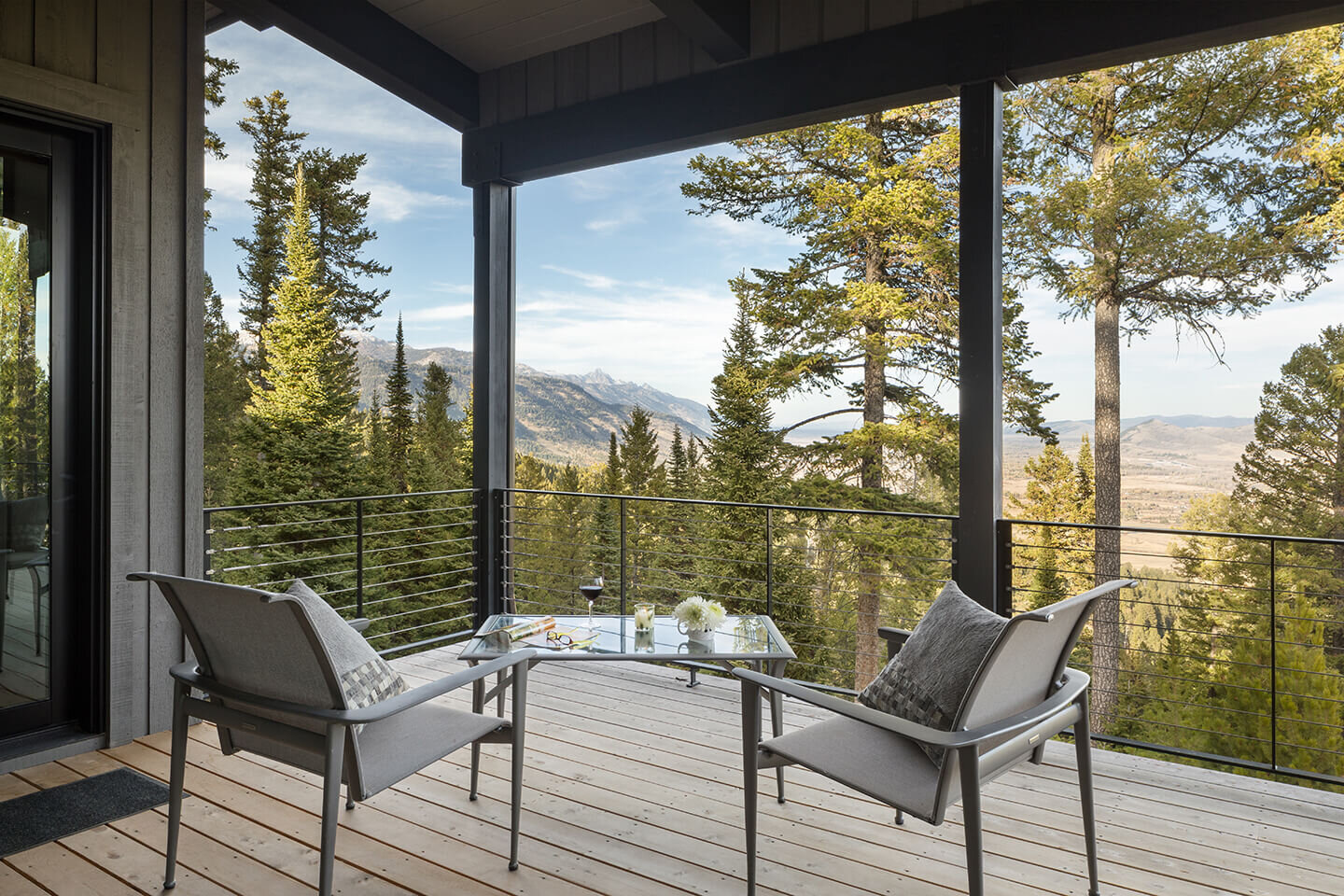 Covered patio with view of Teton range