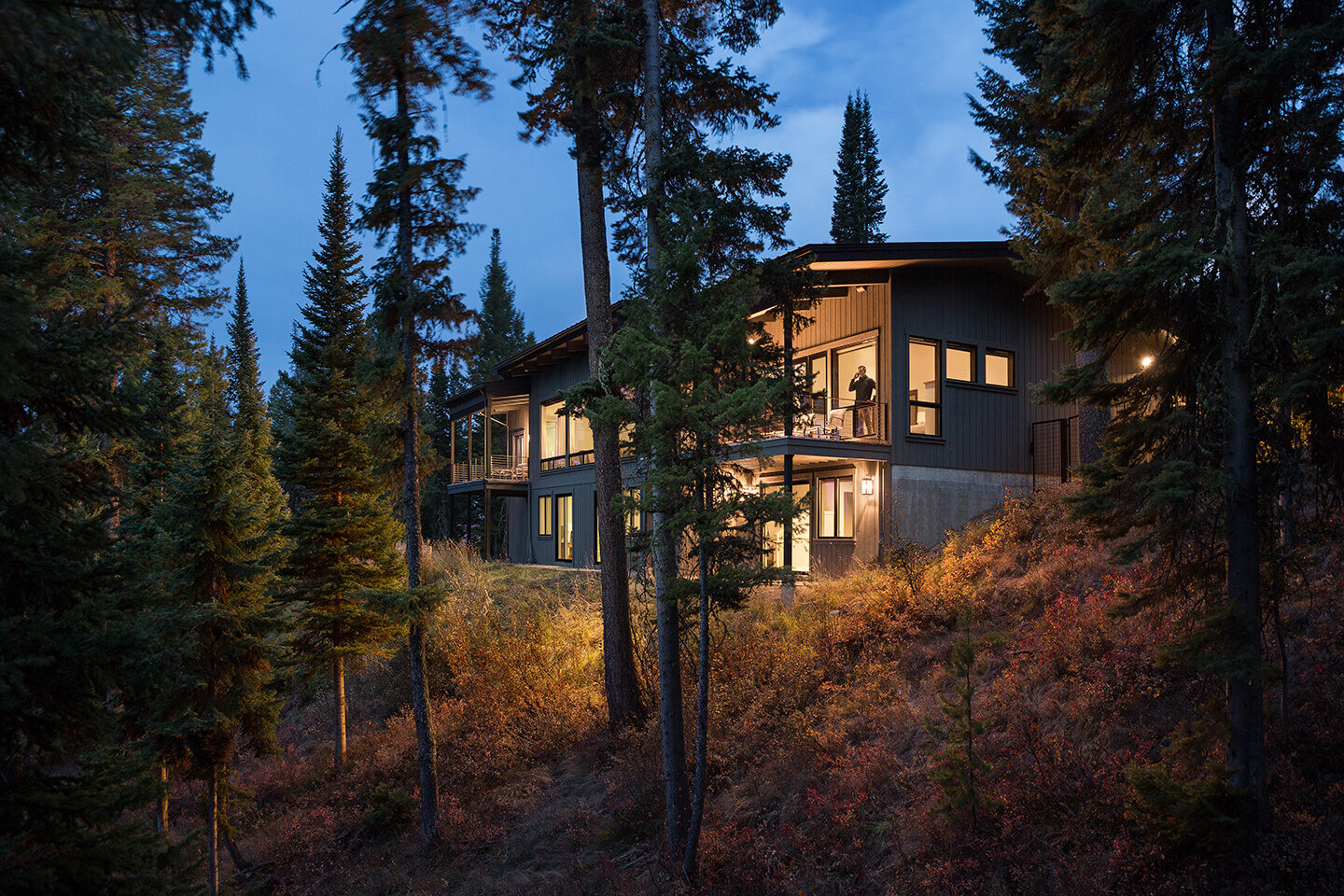 Twilight view of residence in the woods