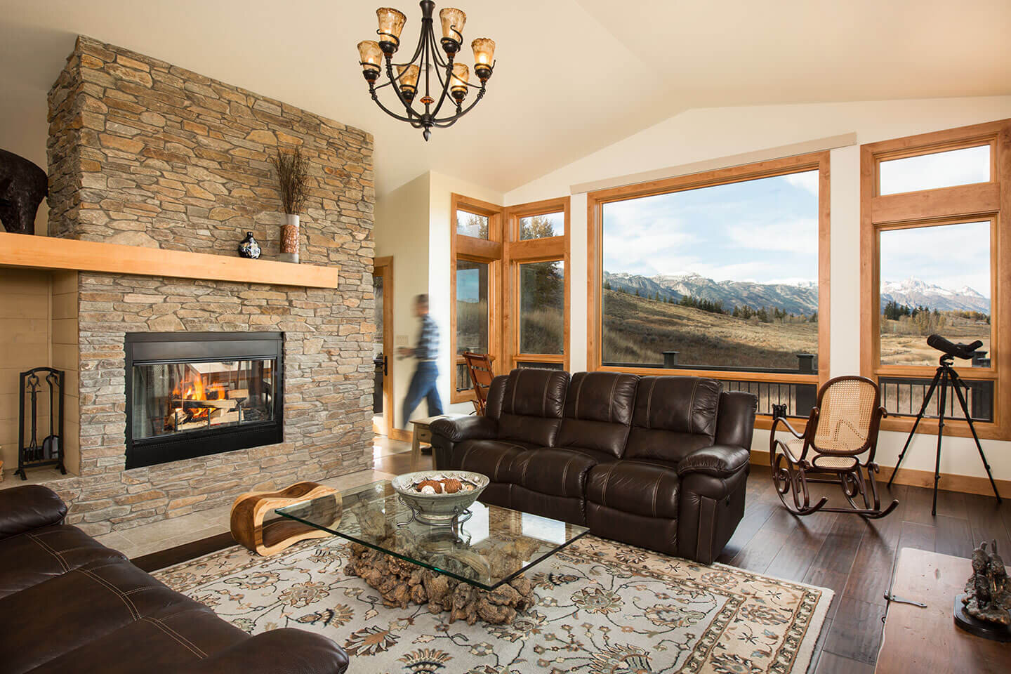 Living room with native stone fireplace